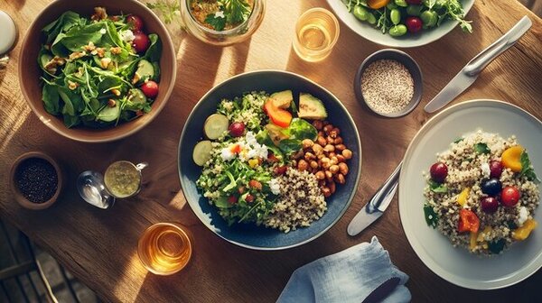 A balanced meal bowl with fresh ingredients on a table